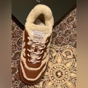 Versace Brown and Cream Shearling-Trim Sneaker